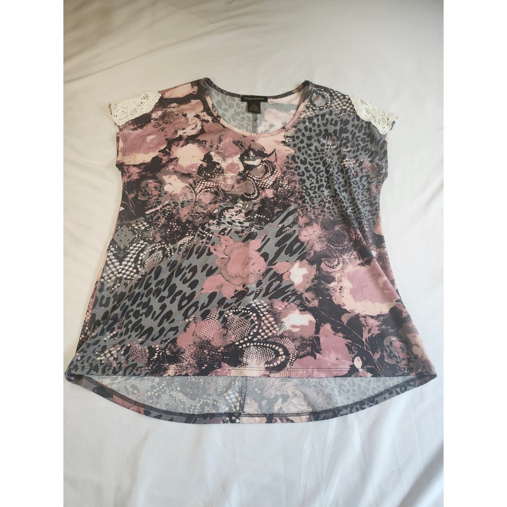Susan Lawrence Mixed Animal Floral Print Lace Shoulder High Low Top Grey Pink M